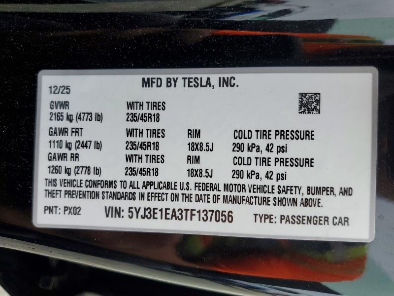 2026 Tesla Model 3 მანქანა იყიდება აუქციონზე, vin: 5YJ3E1EA3TF137056, აუქციონის ნომერი: 51085926