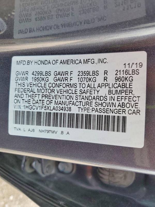 2020 Honda Accord მანქანა იყიდება აუქციონზე, vin: 1HGCV1F5XLA034938, აუქციონის ნომერი: 51120476
