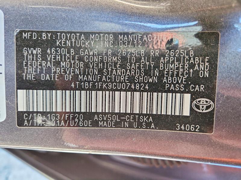 Aukcja sprzedaży 2012 Toyota Camry, vin: 4T1BF1FK9CU074824, numer aukcji: 51097006