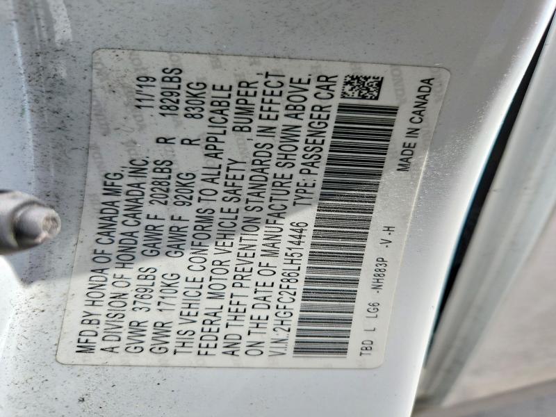 2020 Honda Civic მანქანა იყიდება აუქციონზე, vin: 2HGFC2F86LH514446, აუქციონის ნომერი: 50847866