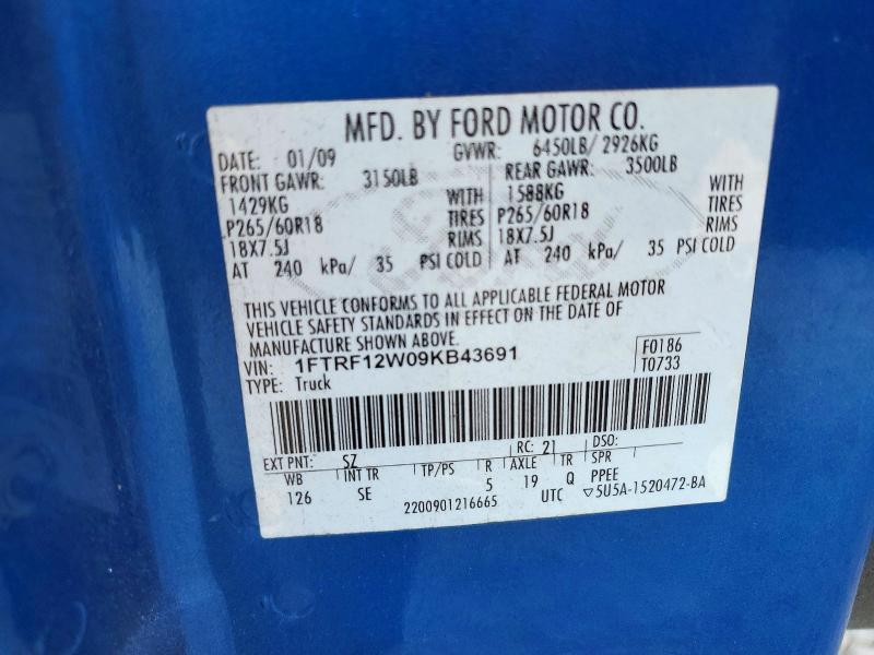 2009 Ford F150 მანქანა იყიდება აუქციონზე, vin: 1FTRF12W09KB43691, აუქციონის ნომერი: 50165096