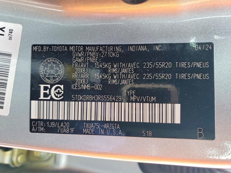 2024 Toyota Highlander მანქანა იყიდება აუქციონზე, vin: 5TDKDRBH3RS556429, აუქციონის ნომერი: 48290476