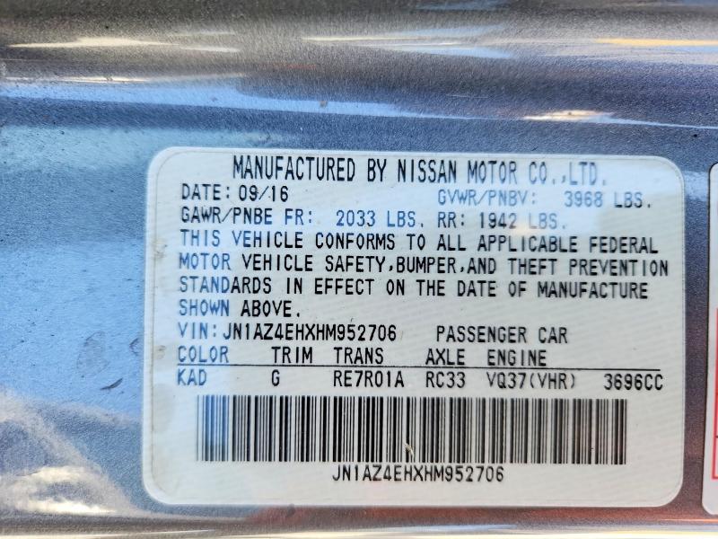 Aukcja sprzedaży 2017 Nissan 370z, vin: JN1AZ4EHXHM952706, numer aukcji: 50194896