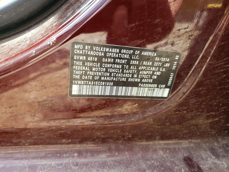 Aukcja sprzedaży 2014 Volkswagen Passat, vin: 1VWBT7A31EC081935, numer aukcji: 50296726