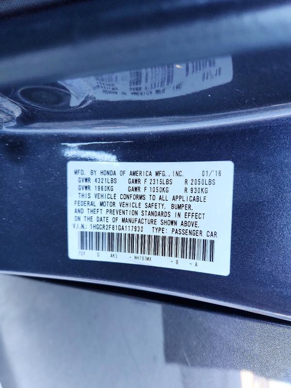 2016 Honda Accord მანქანა იყიდება აუქციონზე, vin: 1HGCR2F81GA117930, აუქციონის ნომერი: 51001966