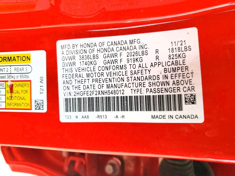 Продажа на аукционе авто 2022 Honda Civic, vin: 2HGFE2F2XNH548012, номер лота: 50587096