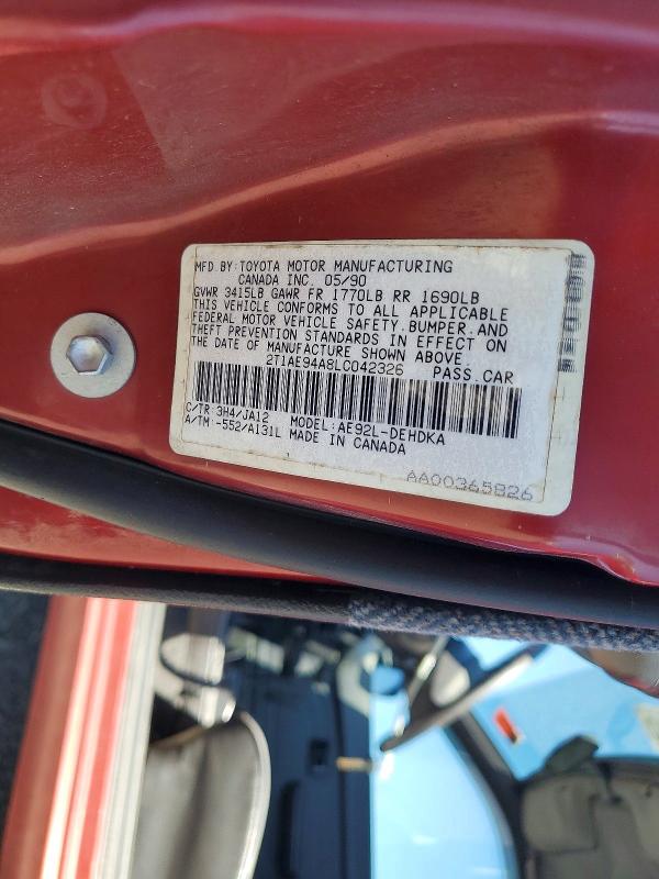 51565536 :رقم المزاد ، 2T1AE94A8LC042326 vin ، 1990 Toyota Corolla مزاد بيع