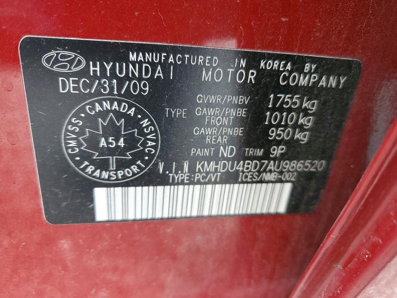 51648046 :رقم المزاد ، KMHDU4BD7AU986520 vin ، 2010 Hyundai Elantra مزاد بيع