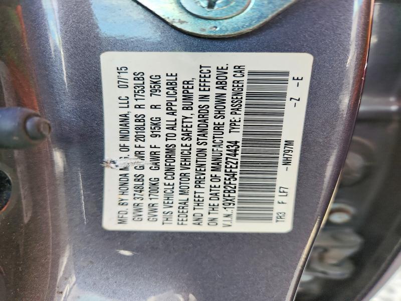 2015 Honda Civic მანქანა იყიდება აუქციონზე, vin: 19XFB2F54FE274434, აუქციონის ნომერი: 51647076