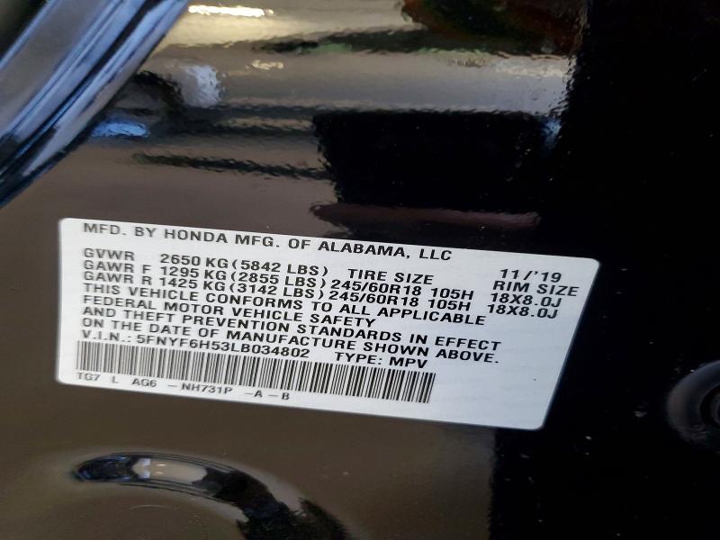 Продажа на аукционе авто 2020 Honda Pilot, vin: 5FNYF6H53LB034802, номер лота: 50066086