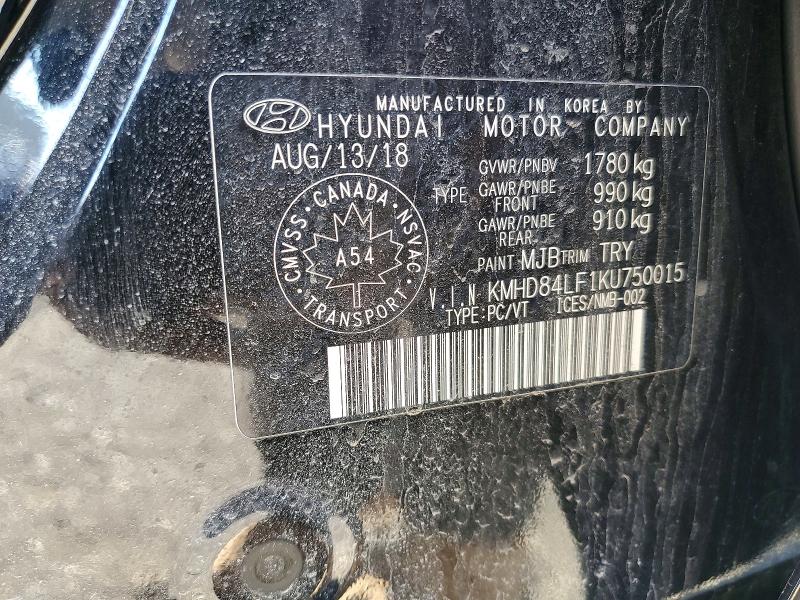 50136636 :رقم المزاد ، KMHD84LF1KU750015 vin ، 2019 Hyundai Elantra مزاد بيع