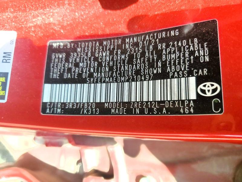 Aukcja sprzedaży 2021 Toyota Corolla, vin: 5YFEPMAE0MP210497, numer aukcji: 51314006