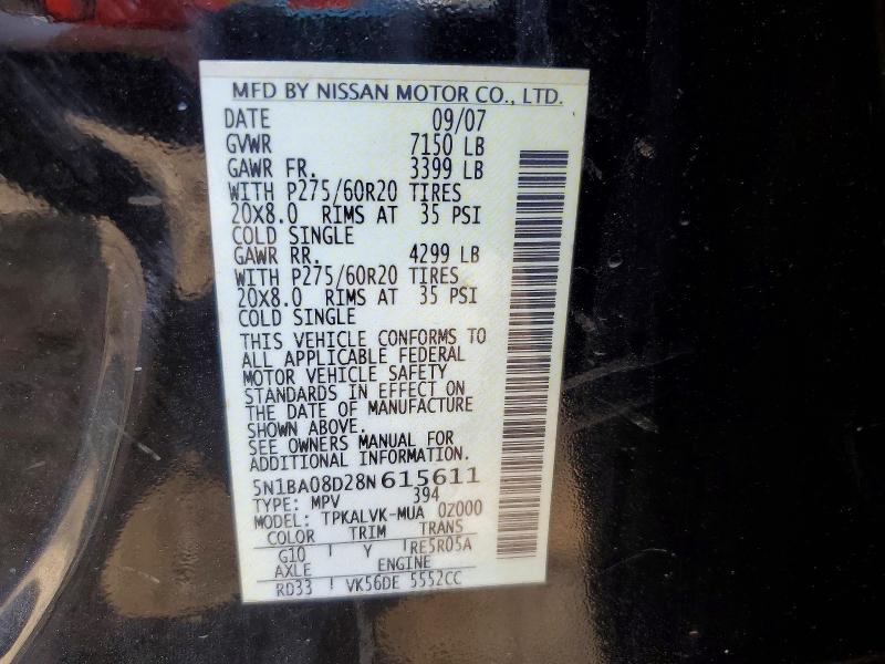 2008 Nissan Armada მანქანა იყიდება აუქციონზე, vin: 5N1BA08D28N615611, აუქციონის ნომერი: 48138976