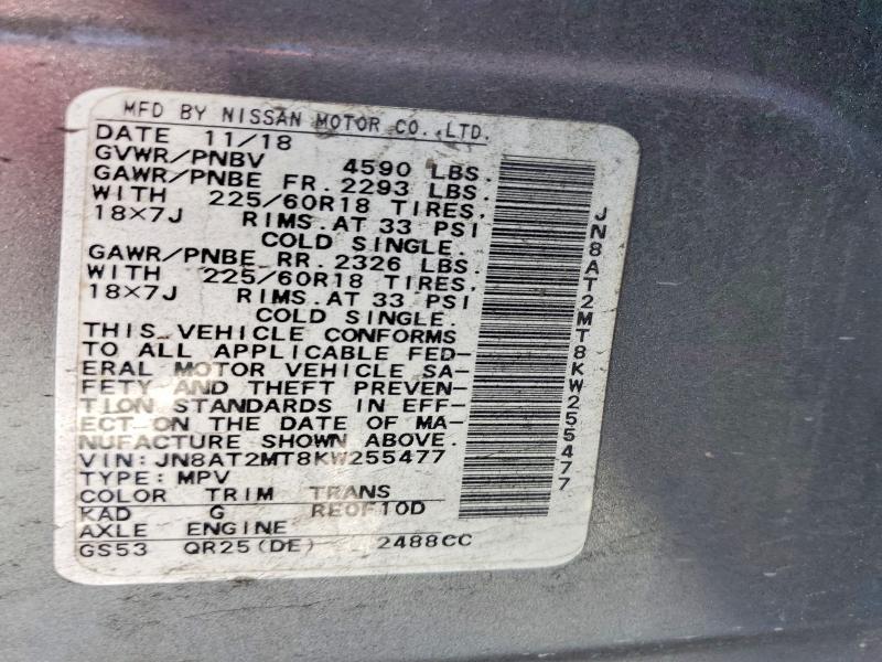 49866736 :رقم المزاد ، JN8AT2MT8KW255477 vin ، 2019 Nissan Rogue مزاد بيع