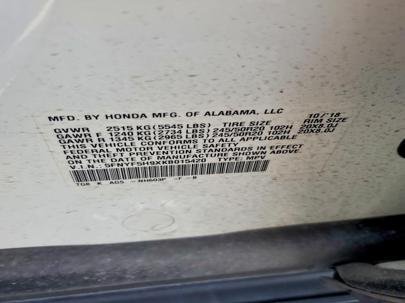 50129606 :رقم المزاد ، 5FNYF5H9XKB015420 vin ، 2019 Honda Pilot مزاد بيع