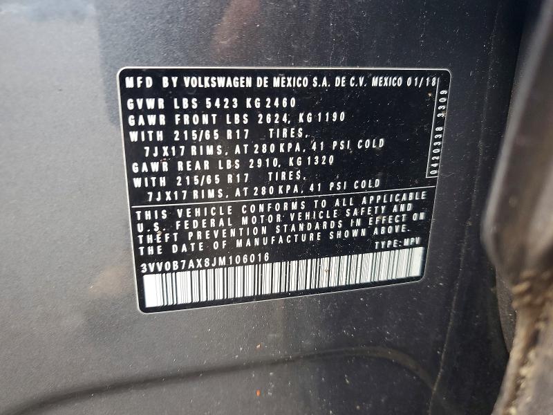 2018 Volkswagen Tiguan მანქანა იყიდება აუქციონზე, vin: 3VV0B7AX8JM106016, აუქციონის ნომერი: 50226546