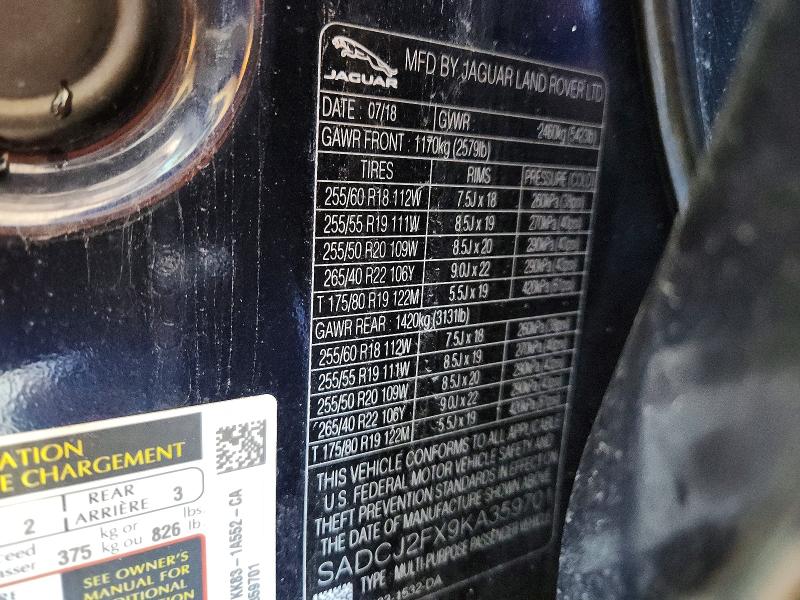 Aukcja sprzedaży 2019 Jaguar F-pace, vin: SADCJ2FX9KA359701, numer aukcji: 95484445