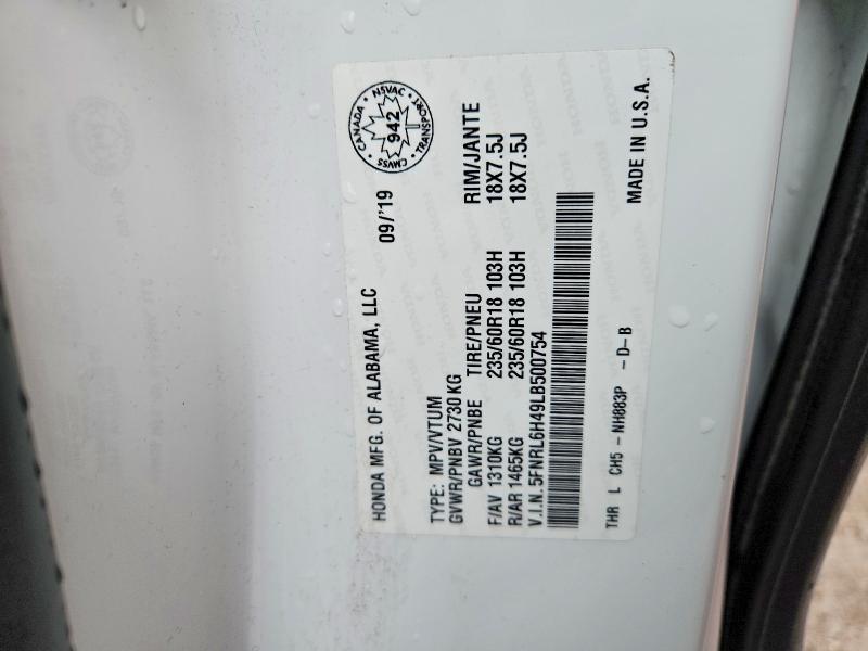 47795796 :رقم المزاد ، 5FNRL6H49LB500754 vin ، 2020 Honda Odyssey مزاد بيع