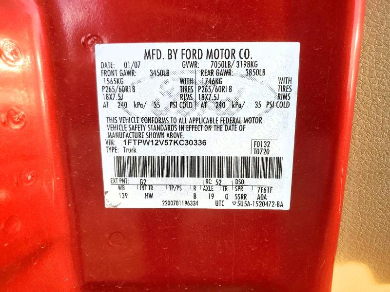 Aukcja sprzedaży 2007 Ford F-150, vin: 1FTPW12V57KC30336, numer aukcji: 48521716