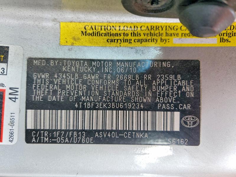 2011 Toyota Camry მანქანა იყიდება აუქციონზე, vin: 4T1BF3EK3BU619234, აუქციონის ნომერი: 50966316