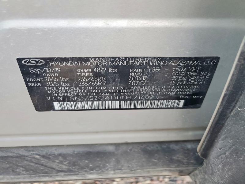 2020 Hyundai Santa Fe მანქანა იყიდება აუქციონზე, vin: 5NMS2CAD0LH171602, აუქციონის ნომერი: 48846536