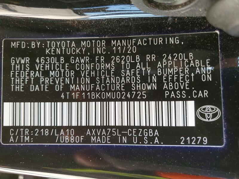 Продаж на аукціоні авто 2021 Toyota Camry, vin: 4T1F11BK0MU024725, номер лоту: 50785476