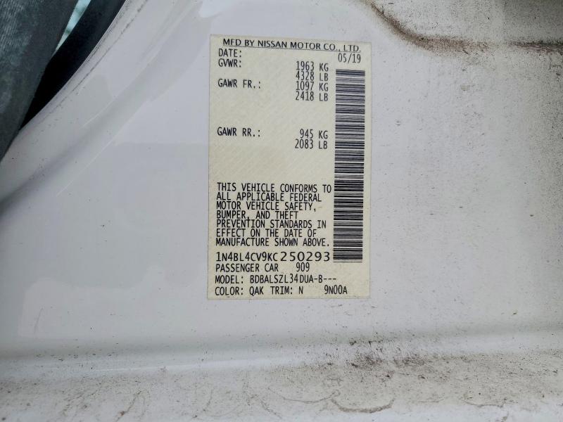 2019 Nissan Altima მანქანა იყიდება აუქციონზე, vin: 1N4BL4CV9KC250293, აუქციონის ნომერი: 51902476