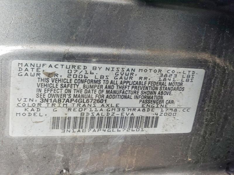 2016 Nissan Sentra მანქანა იყიდება აუქციონზე, vin: 3N1AB7AP4GL672601, აუქციონის ნომერი: 50895296