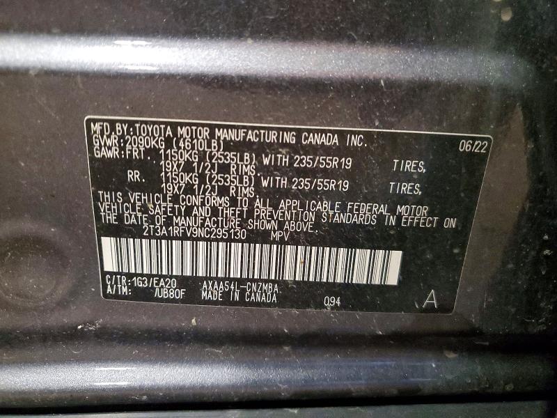 50366586 :رقم المزاد ، 2T3A1RFV9NC295130 vin ، 2022 Toyota Rav4 Automatic 4wd مزاد بيع