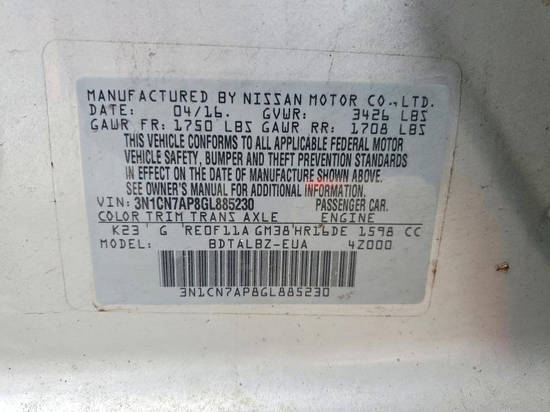 Продажа на аукционе авто 2016 Nissan Versa, vin: 3N1CN7AP8GL885230, номер лота: 51166156