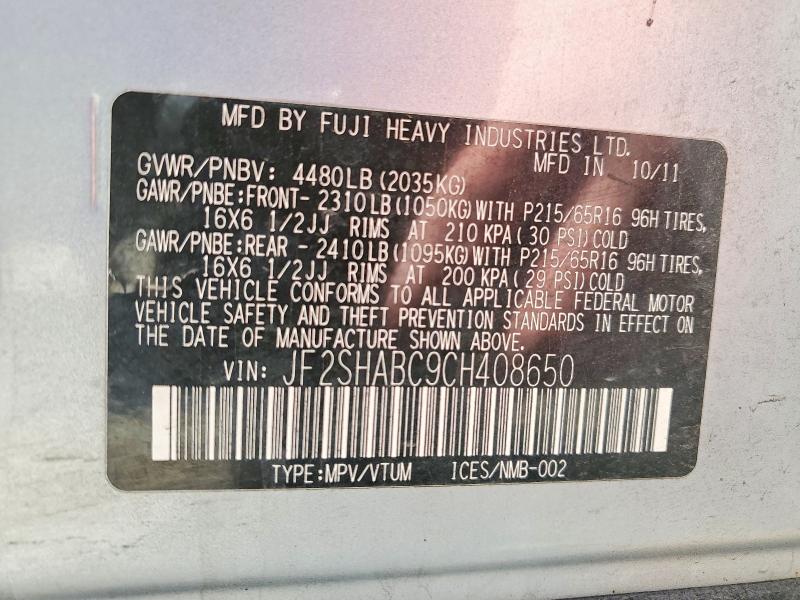 48495516 :رقم المزاد ، JF2SHABC9CH408650 vin ، 2012 Subaru Forester مزاد بيع