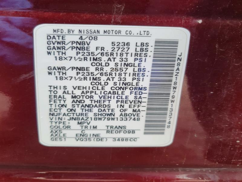 2009 Nissan Murano მანქანა იყიდება აუქციონზე, vin: JN8AZ18W79W133748, აუქციონის ნომერი: 51891716