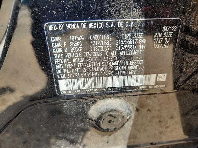 2022 Honda Hr-v მანქანა იყიდება აუქციონზე, vin: 3CZRU5H30NM743778, აუქციონის ნომერი: 51682836