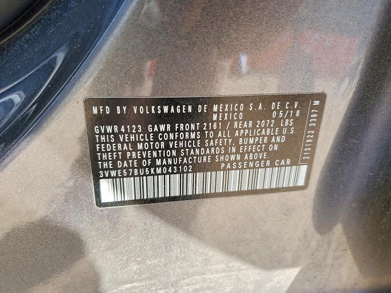 2019 Volkswagen Jetta მანქანა იყიდება აუქციონზე, vin: 3VWE57BU5KM043102, აუქციონის ნომერი: 48540056