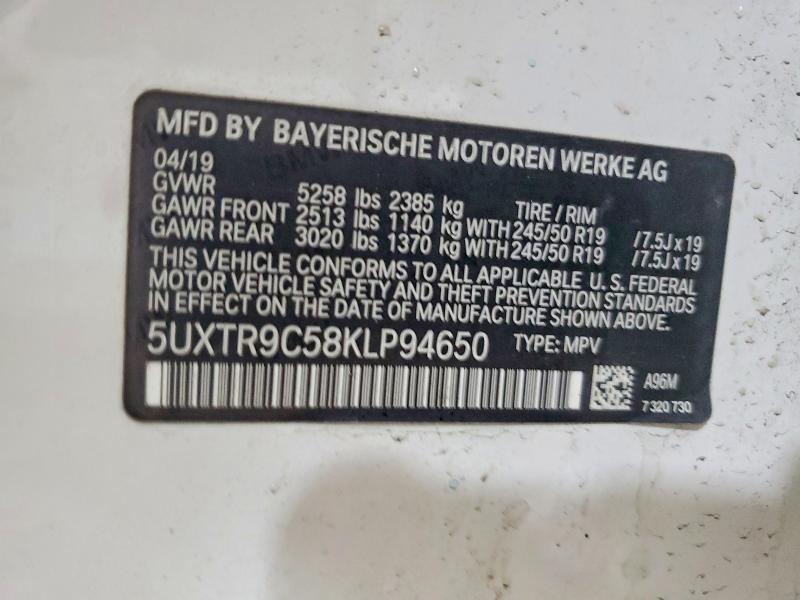 47589586 :رقم المزاد ، 5UXTR9C58KLP94650 vin ، 2019 Bmw X3 مزاد بيع
