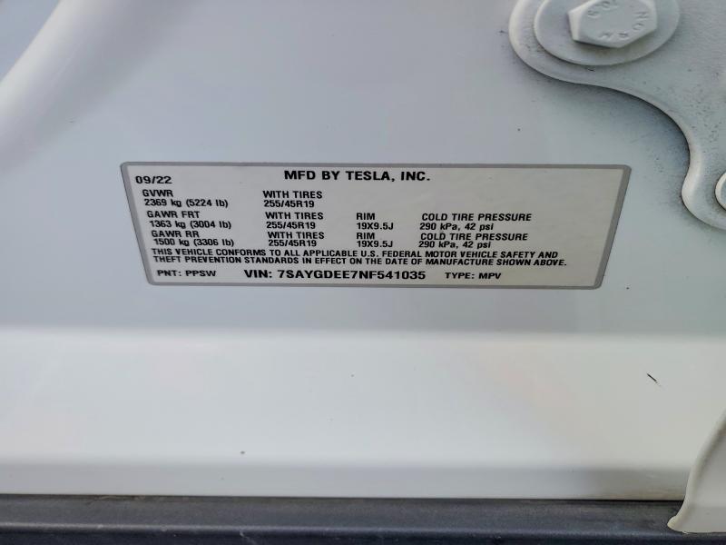 2022 Tesla Model Y მანქანა იყიდება აუქციონზე, vin: 7SAYGDEE7NF541035, აუქციონის ნომერი: 48511506