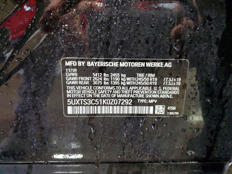 48101506 :رقم المزاد ، 5UXTS3C51K0Z07292 vin ، 2019 Bmw X3 مزاد بيع