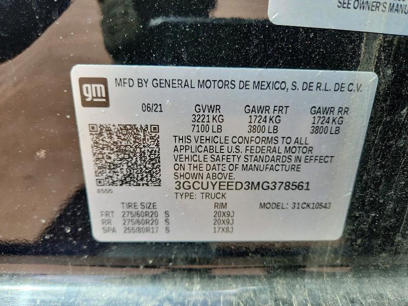 Продажа на аукционе авто 2021 Chevrolet Silverado, vin: 3GCUYEED3MG378561, номер лота: 50261296