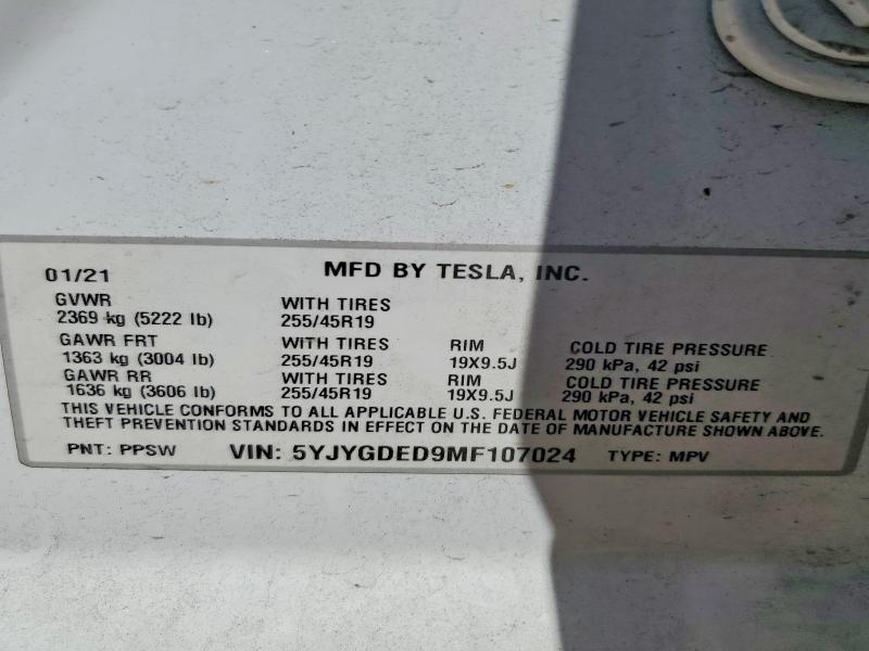 Aukcja sprzedaży 2021 Tesla Model Y, vin: 5YJYGDED9MF107024, numer aukcji: 48243466