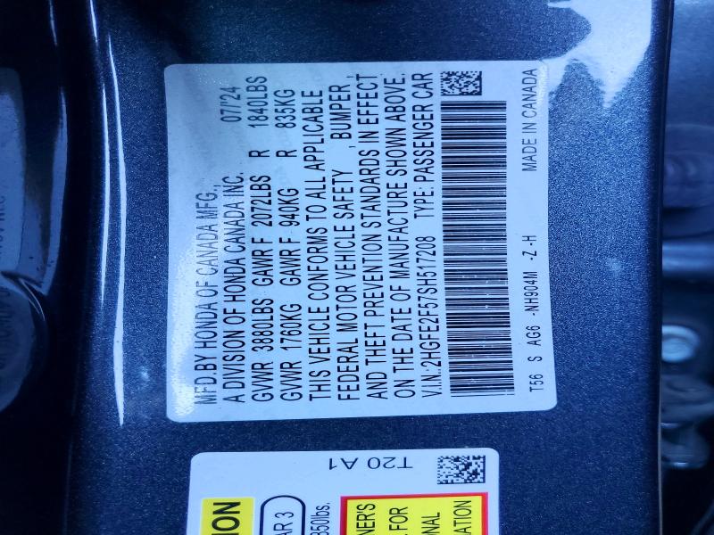 Auction sale of the 2025 Honda Civic, vin: 2HGFE2F57SH517208, lot number: 51535436