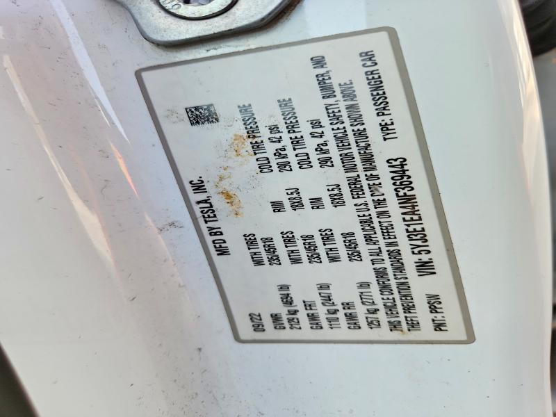 2022 Tesla Model 3 მანქანა იყიდება აუქციონზე, vin: 5YJ3E1EA4NF369443, აუქციონის ნომერი: 48713586