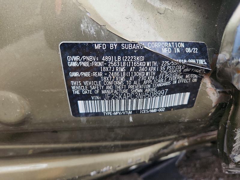 2022 Subaru Forester მანქანა იყიდება აუქციონზე, vin: JF2SKAPC3NH508997, აუქციონის ნომერი: 49621056