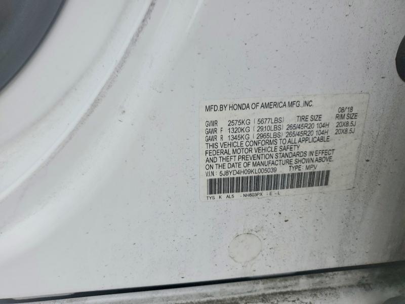 51609736 :رقم المزاد ، 5J8YD4H09KL005039 vin ، 2019 Acura Mdx مزاد بيع