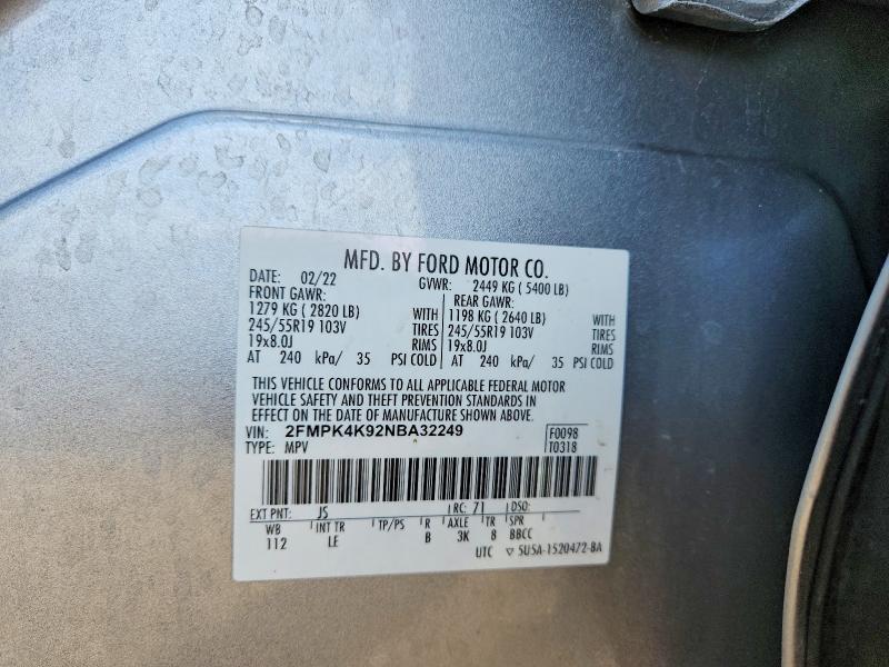 2022 Ford Edge მანქანა იყიდება აუქციონზე, vin: 2FMPK4K92NBA32249, აუქციონის ნომერი: 50296606