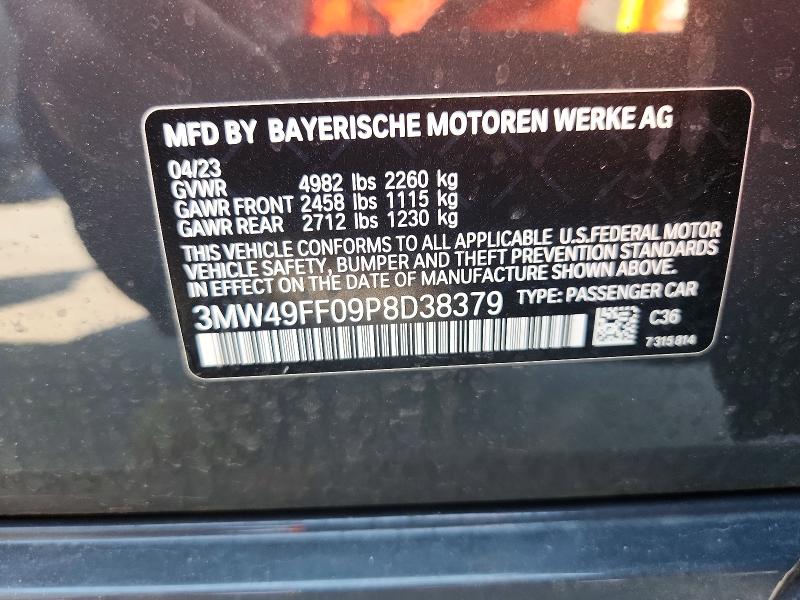 49409066 :رقم المزاد ، 3MW49FF09P8D38379 vin ، 2023 Bmw M340xi مزاد بيع