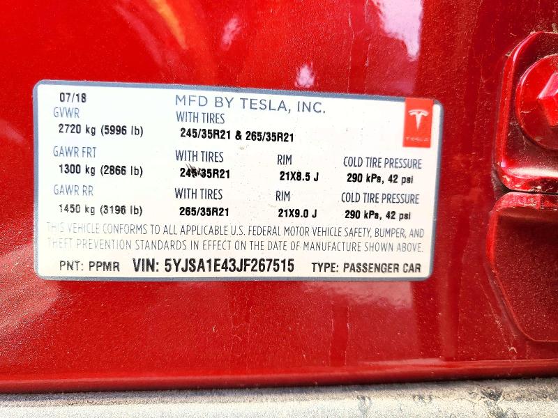 Продажа на аукционе авто 2018 Tesla Model S, vin: 5YJSA1E43JF267515, номер лота: 48277146