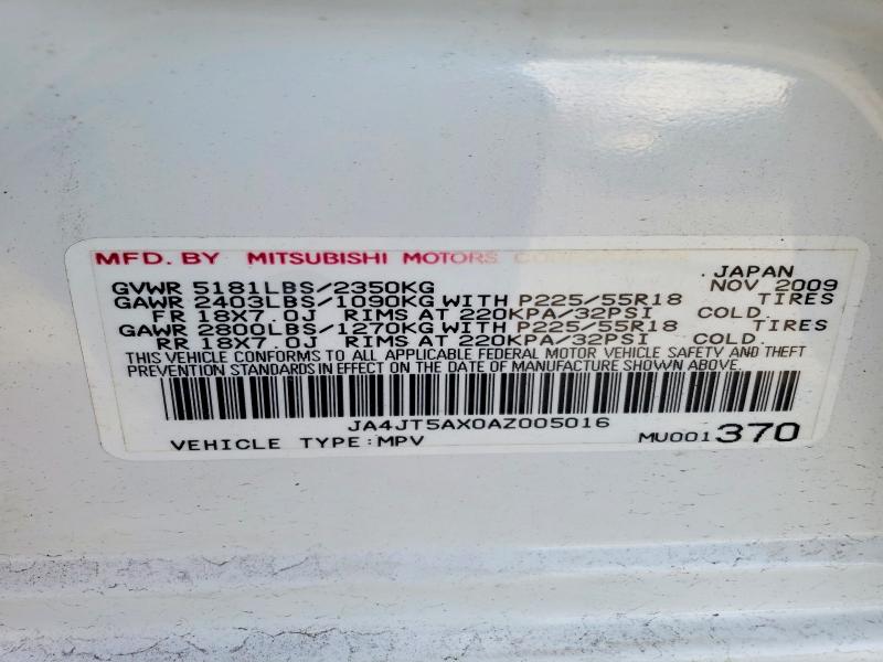 50242986 :رقم المزاد ، JA4JT5AX0AZ005016 vin ، 2010 Mitsubishi Outlander مزاد بيع
