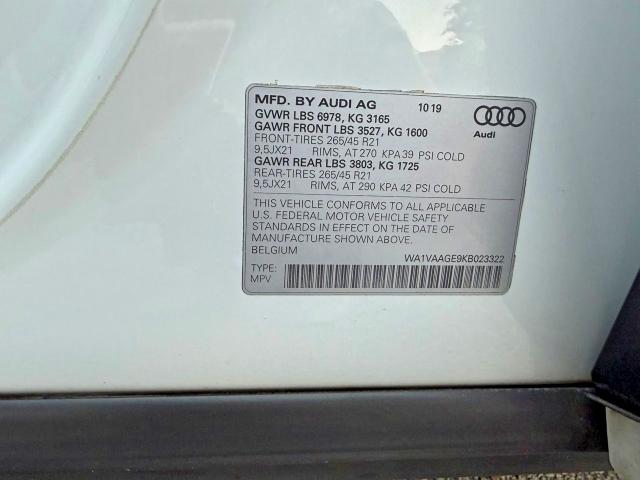 2019 Audi E-tron მანქანა იყიდება აუქციონზე, vin: WA1VAAGE9KB023322, აუქციონის ნომერი: 51556306