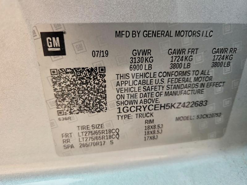 Продаж на аукціоні авто 2019 Chevrolet Silverado, vin: 1GCRYCEH5KZ422683, номер лоту: 51563876
