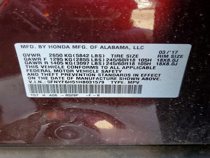 2017 Honda Pilot მანქანა იყიდება აუქციონზე, vin: 5FNYF6H51HB031579, აუქციონის ნომერი: 49723976